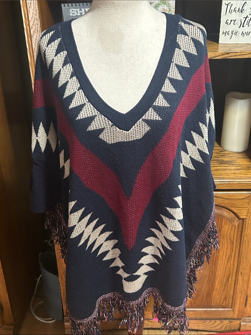 Say What? Navy, Burgundy & Cream V-Neck Fringe Poncho Sweater